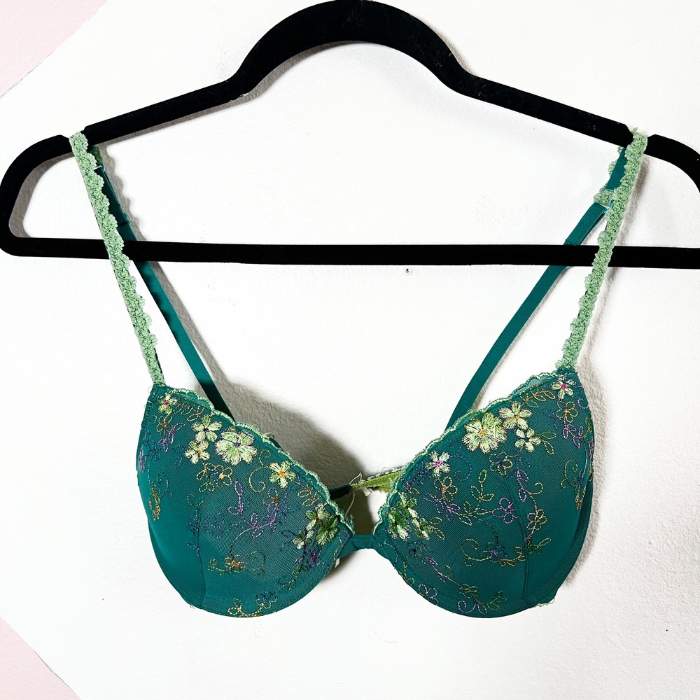 Xhilaration Floral Embroidered Push Up Bra 34B Green Fairy Romantic